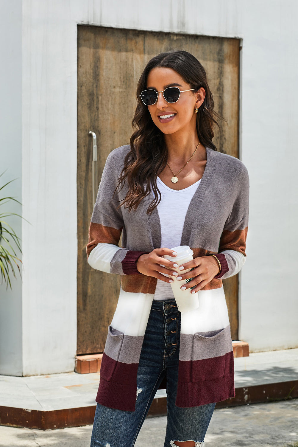 Color Block Open Front Ribbed Cuff Cardigan with Pockets