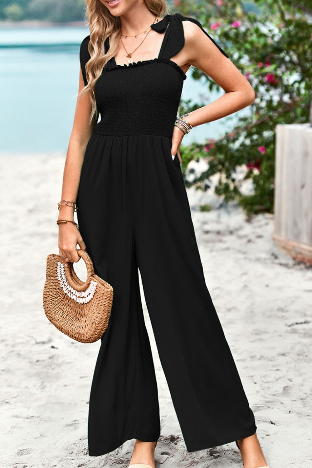 Frill Trim Tie Shoulder Wide Leg Jumpsuit with Pockets