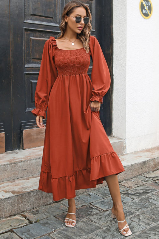 Smocked Ruffle Hem Flounce Sleeve Dress