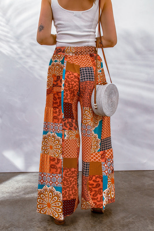 Bohemian Patchwork Drawstring Wide Leg Pants