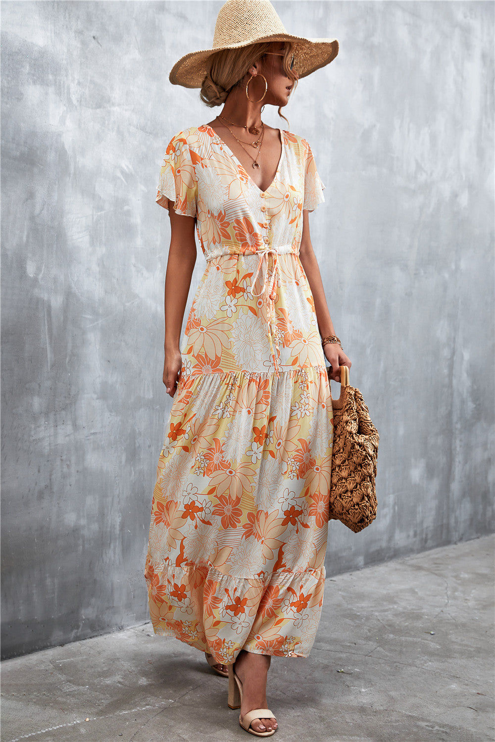 Floral Buttoned Drawstring Waist Tiered Dress