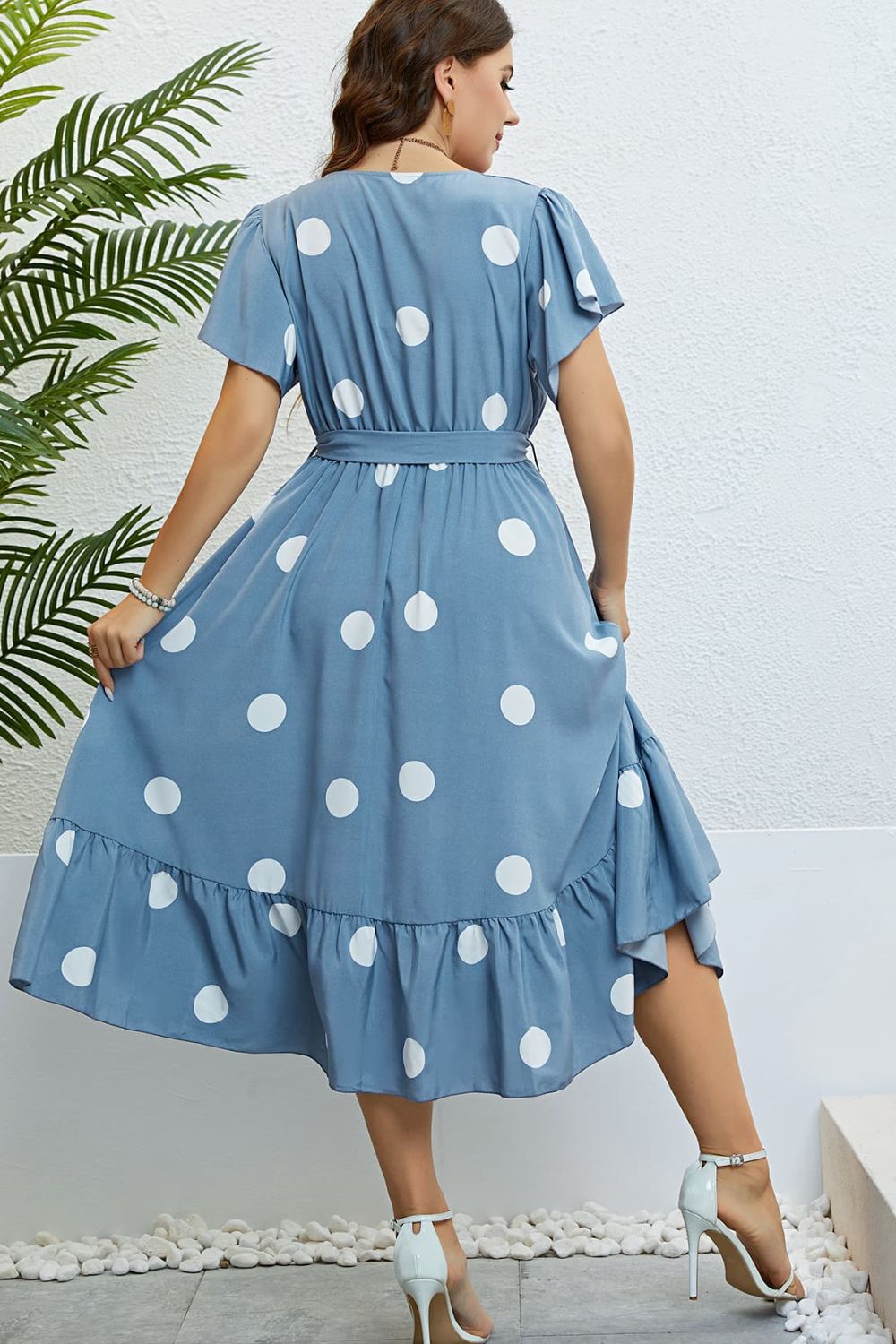 Polka Dot Belted Flutter Sleeve Ruffle Hem Dress