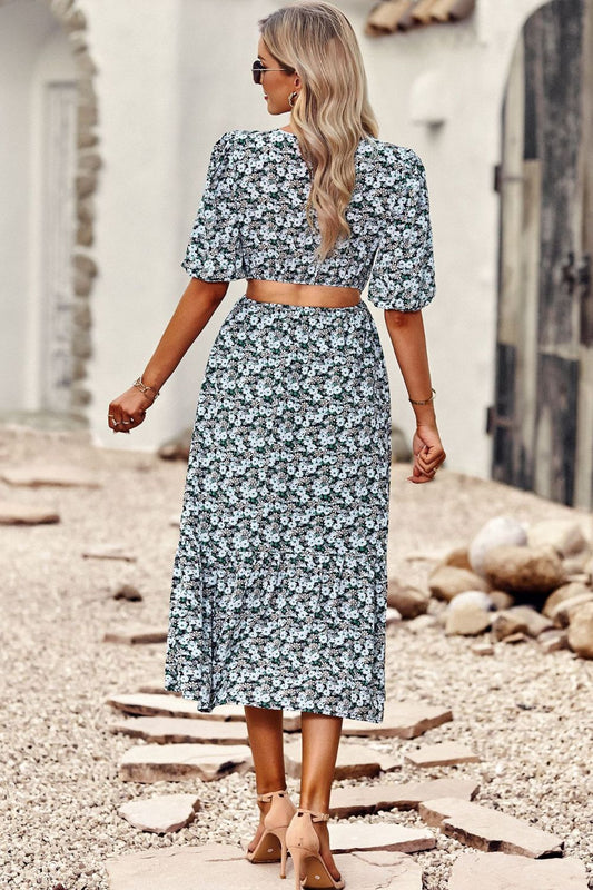 Floral Cutout Puff Sleeve Midi Dress