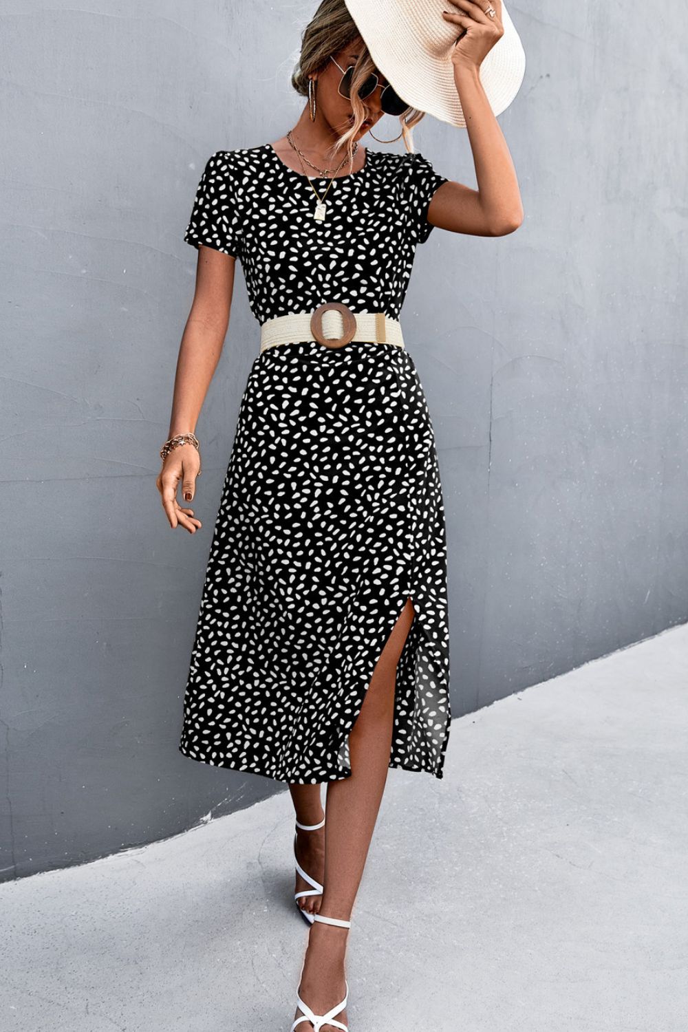 Printed Slit Cutout Midi Dress (Belt Not Included)