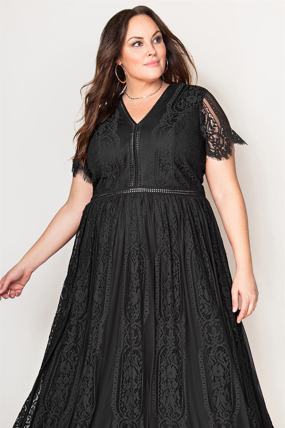 V-Neck Short Sleeve Lace Maxi Dress