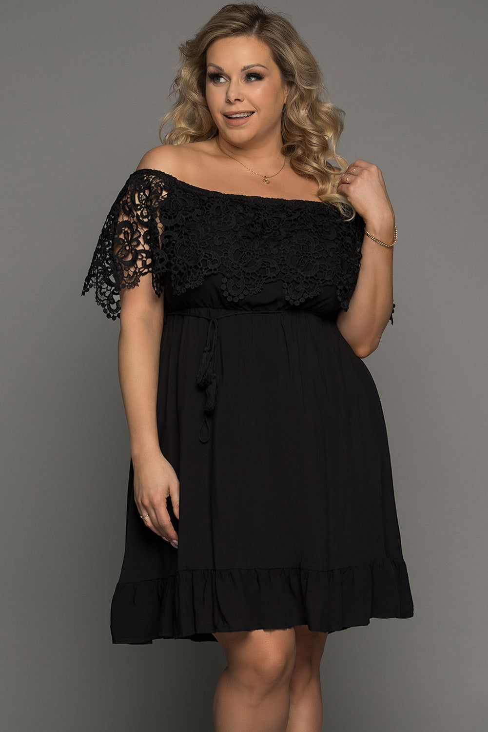 Plus Size Tassel Tie Spliced Lace Off-Shoulder Dress