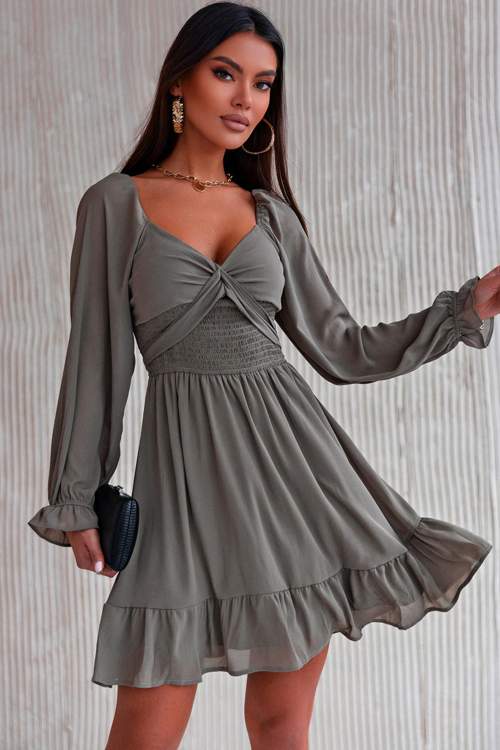 Smocked Long Flounce Sleeve Ruffle Hem Dress