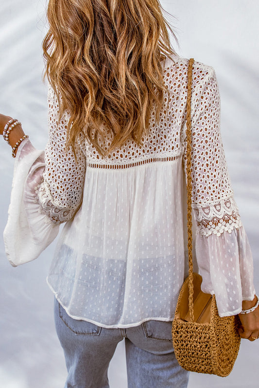 Eyelet Tassel Tie Flare Sleeve Blouse