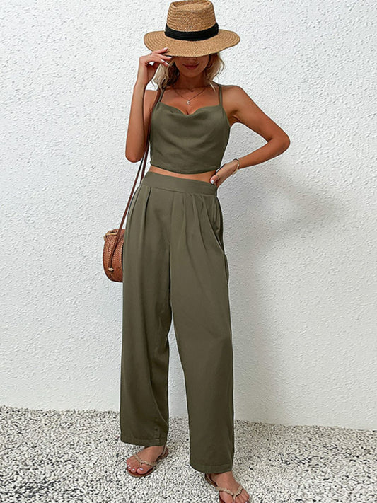 Crisscross Back Cropped Top and Pants Set