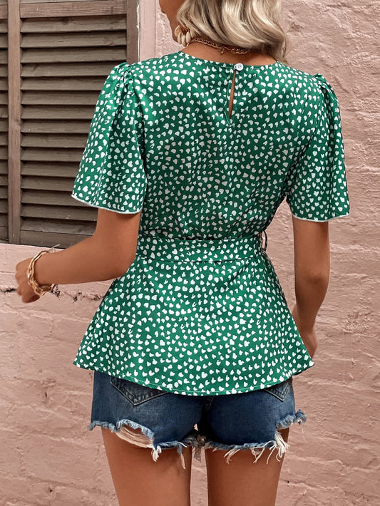 Heart Print Tie Belt Puff Sleeve Blouse