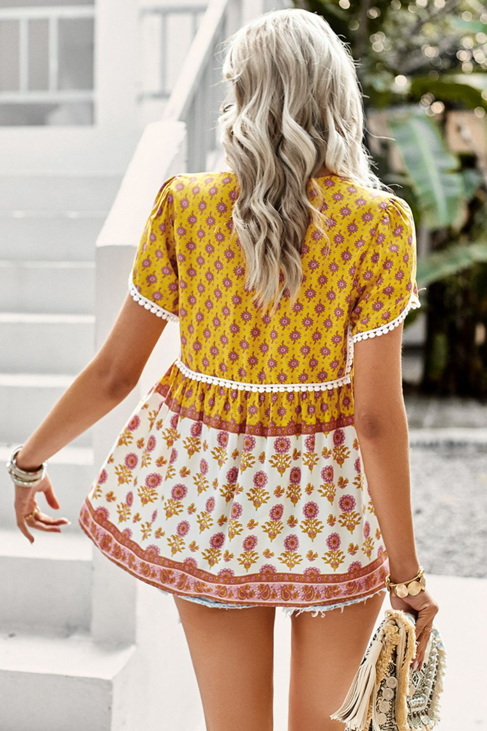 Bohemian Tie Neck Buttoned Blouse