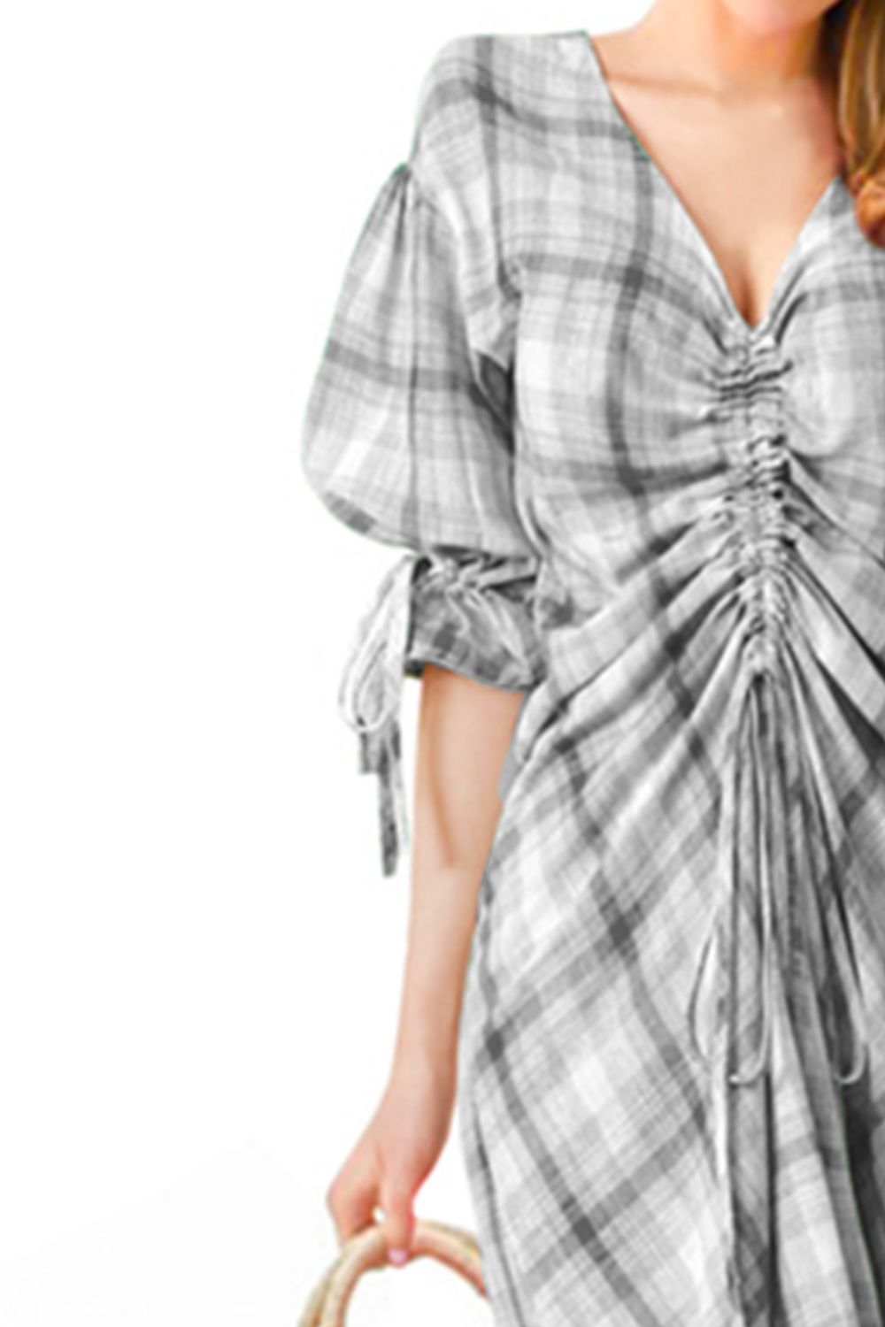 Plus Size Plaid Drawstring Detail Flounce Sleeve Dress