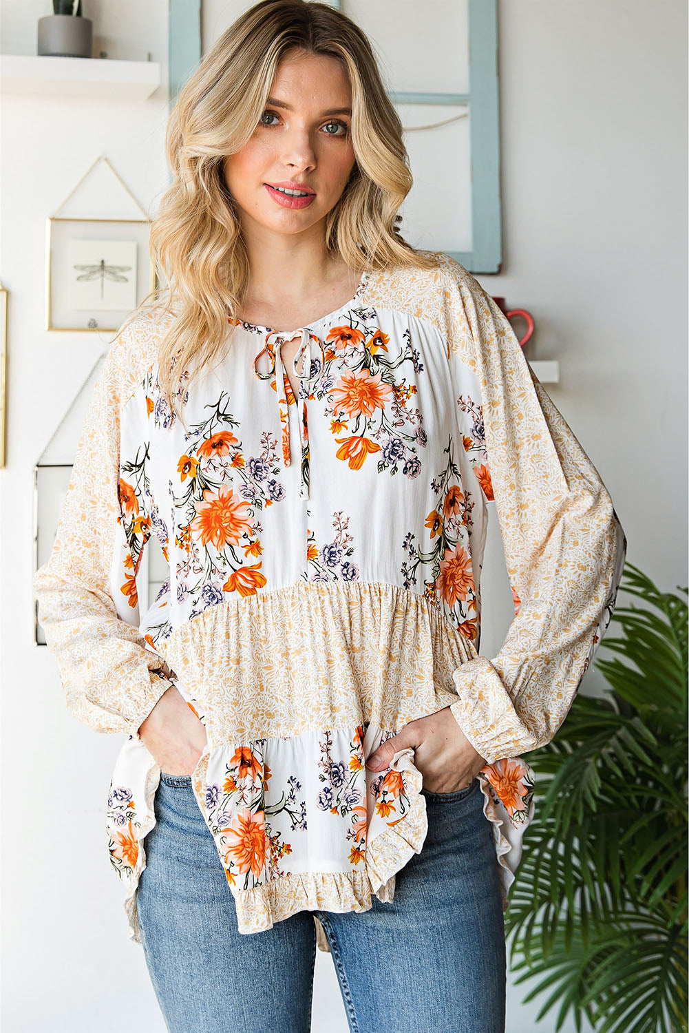Floral Tie Neck Tiered Blouse