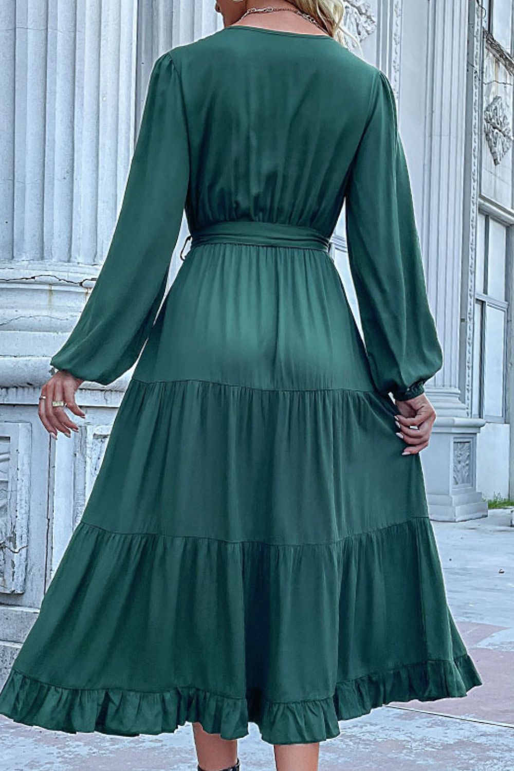 Buttoned V-Neck Puff Sleeve Tiered Dress