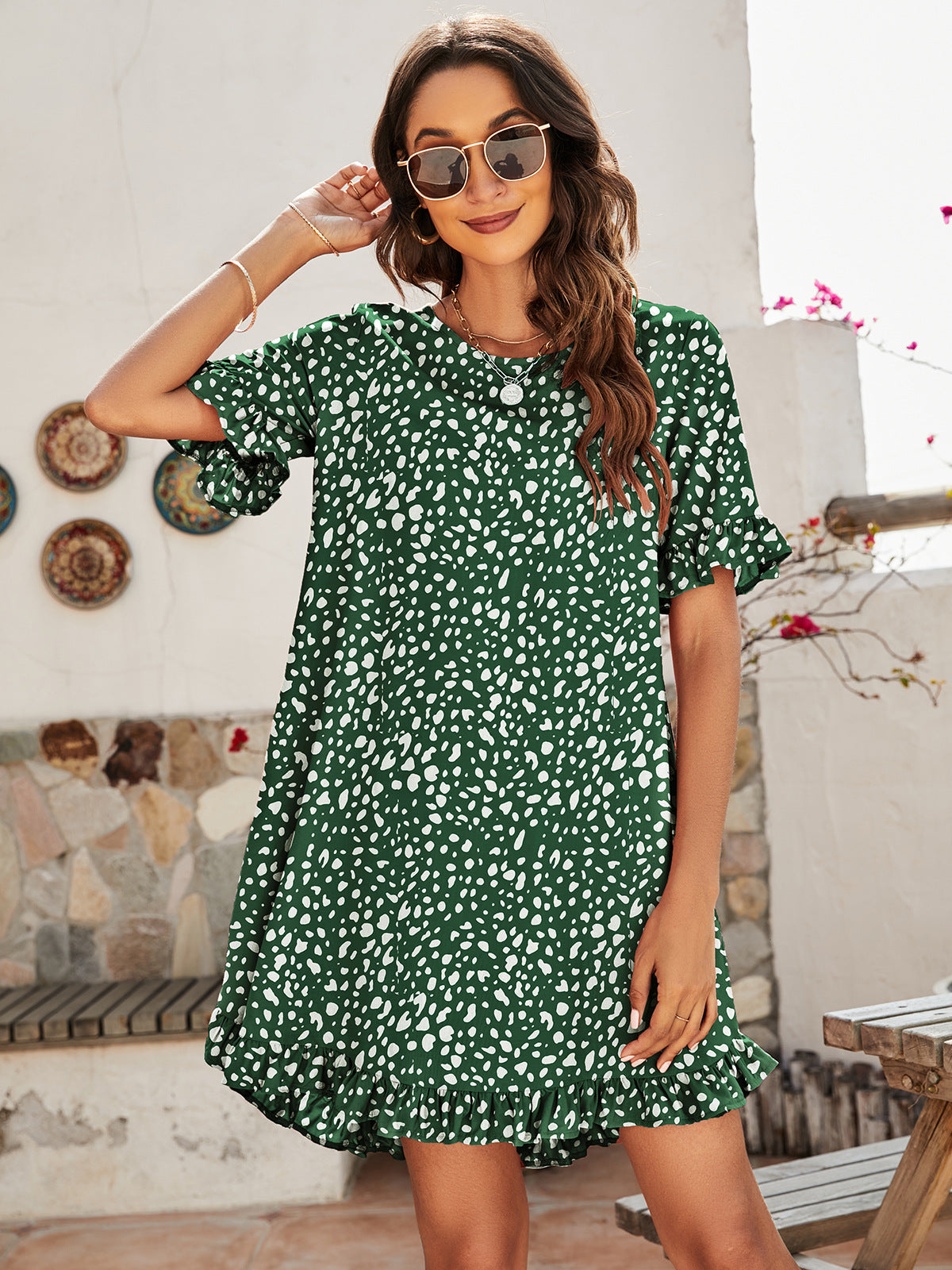 Printed Flounce Sleeve Ruffle Hem Dress