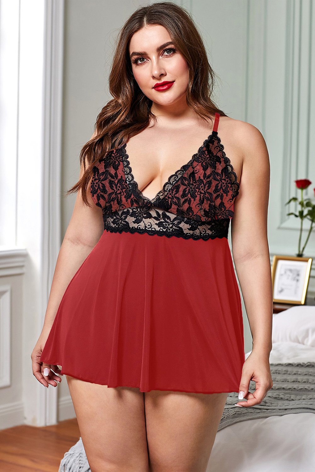 Red Black Lace  Criss-Cross Straps See-through Plus Size Chemise