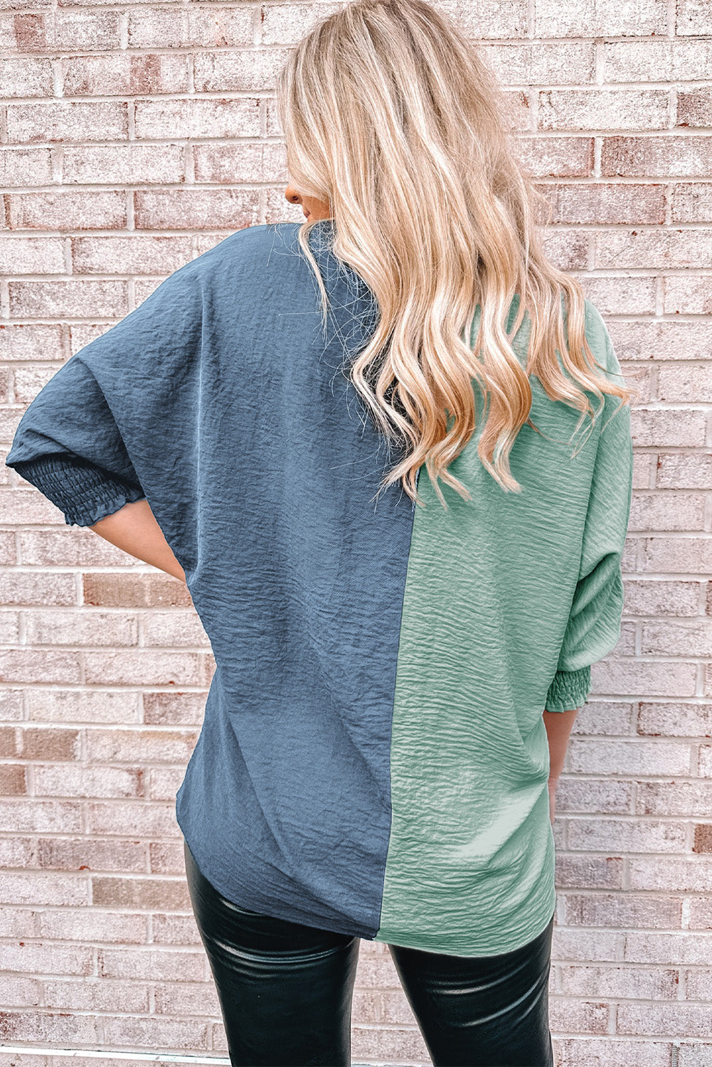 Two-Tone Textured V-Neck Blouse
