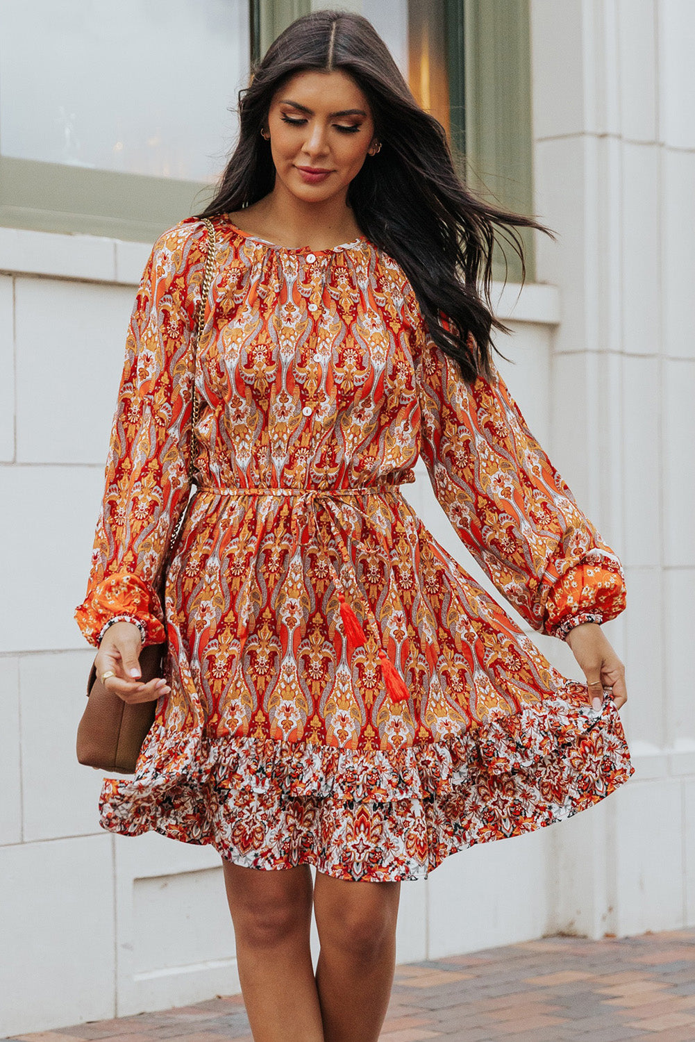 Printed Balloon Sleeve Tassel Tie Dress