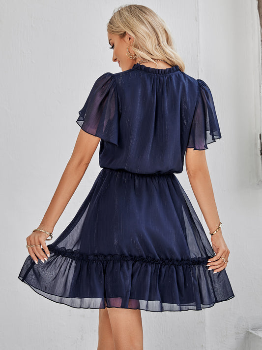 Frill Trim Tie Neck Flutter Sleeve Dress