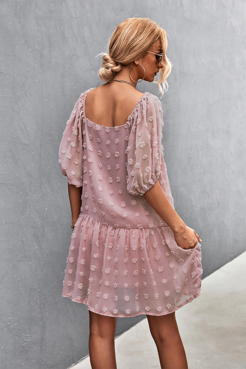 Swiss Dot Square Neck Half Balloon Sleeve Dress