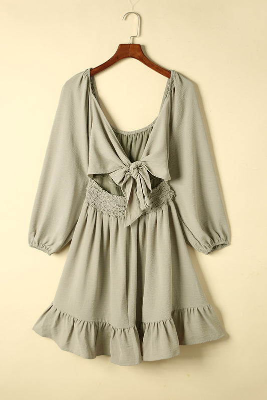 Cutout Smocked Square Neck Ruffle Hem Dress