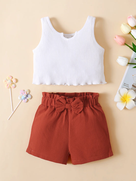 Girls Ribbed Notched Tank and Bow Detail Shorts Set