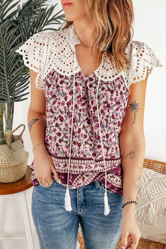 Floral Tassel Tie Eyelet Blouse