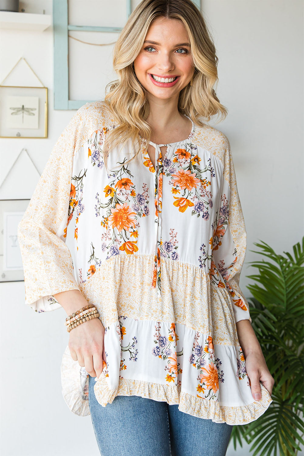 Floral Tie Neck Tiered Blouse