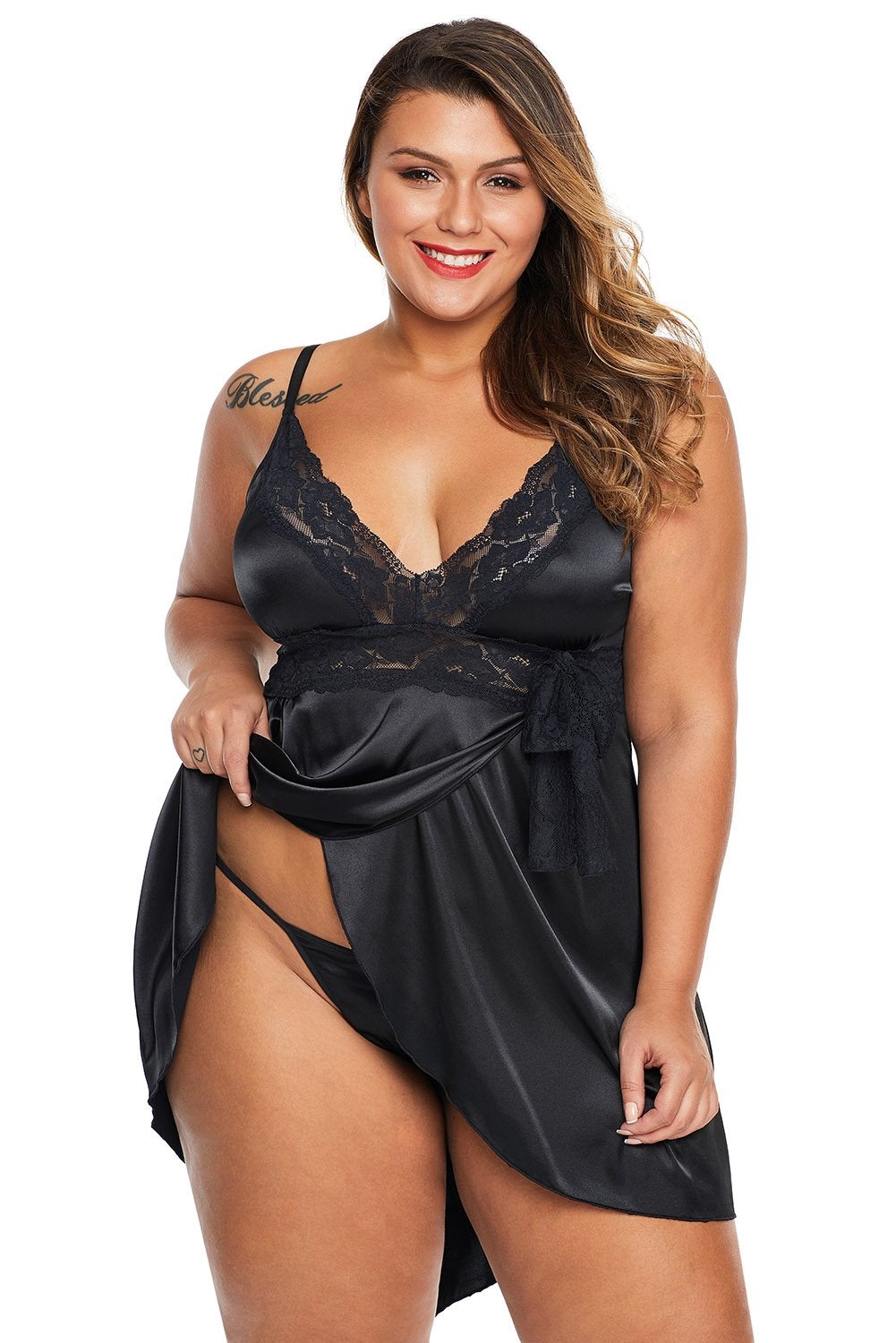 Spaghetti straps Lace V Neckline Plus Size Babydoll