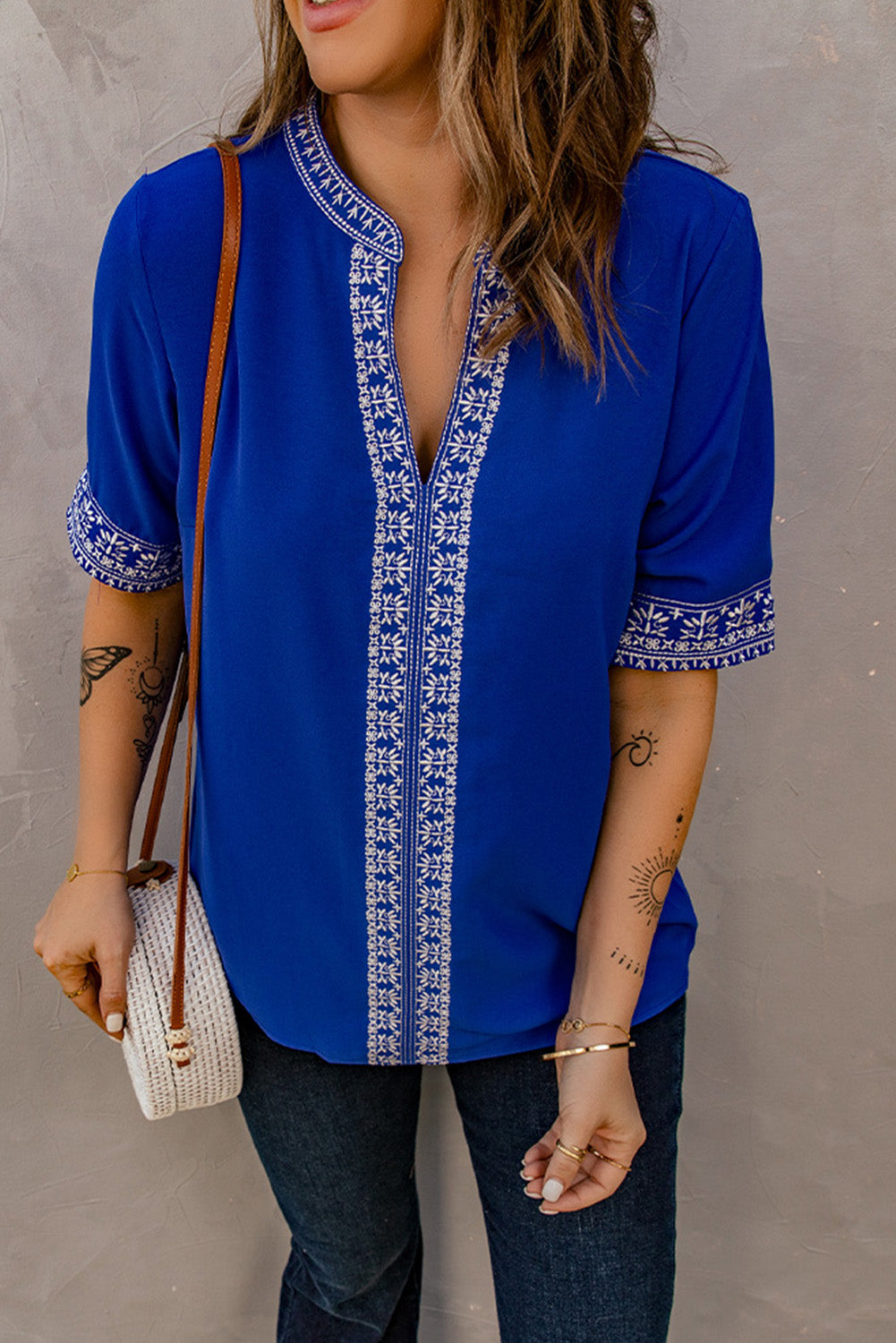 Embroidered V-Neck Top