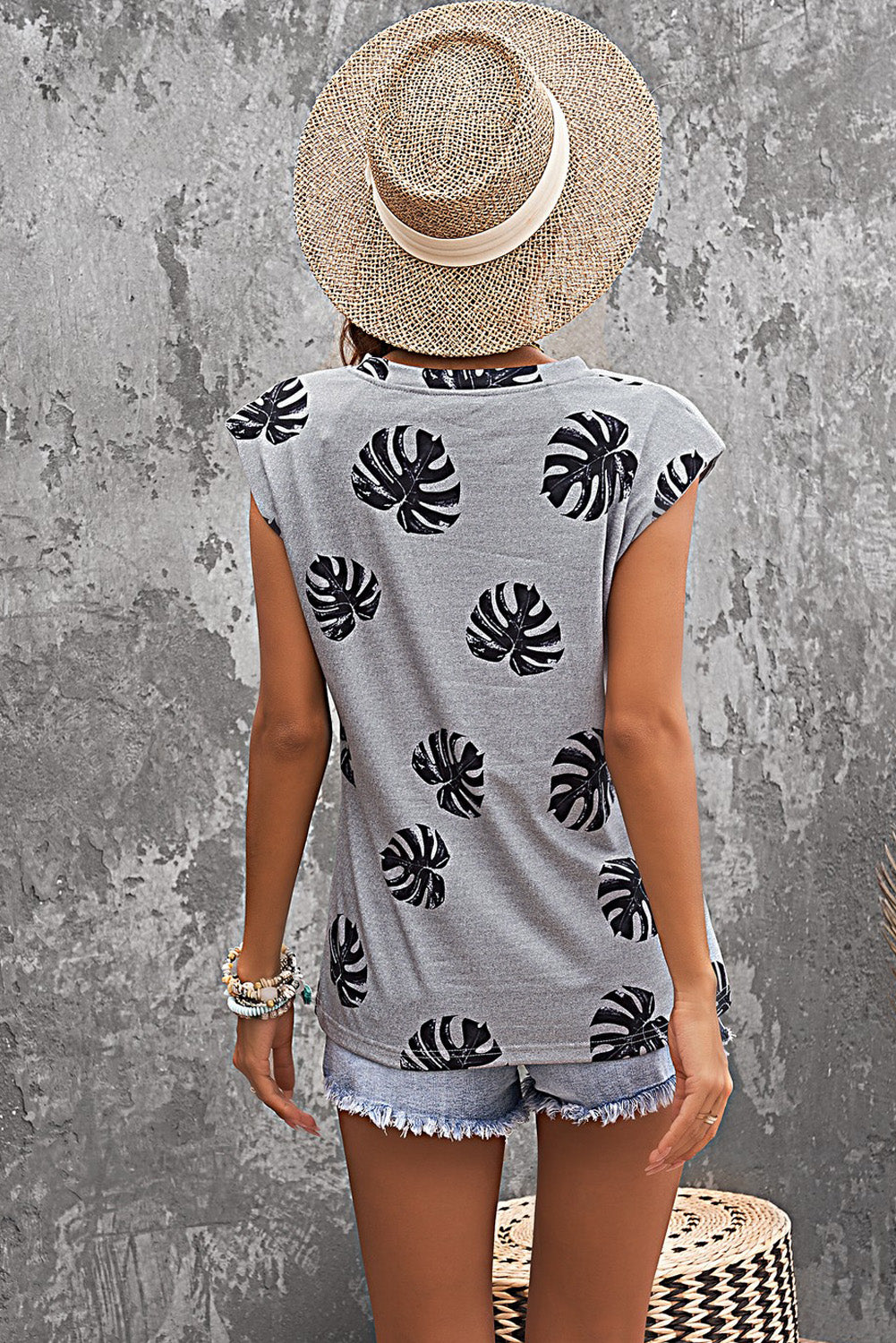 Printed Capped Sleeve Round Neck Top