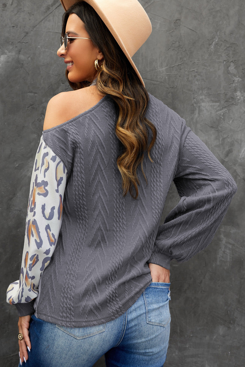 Leopard Color Block Cold Shoulder Turtleneck Top