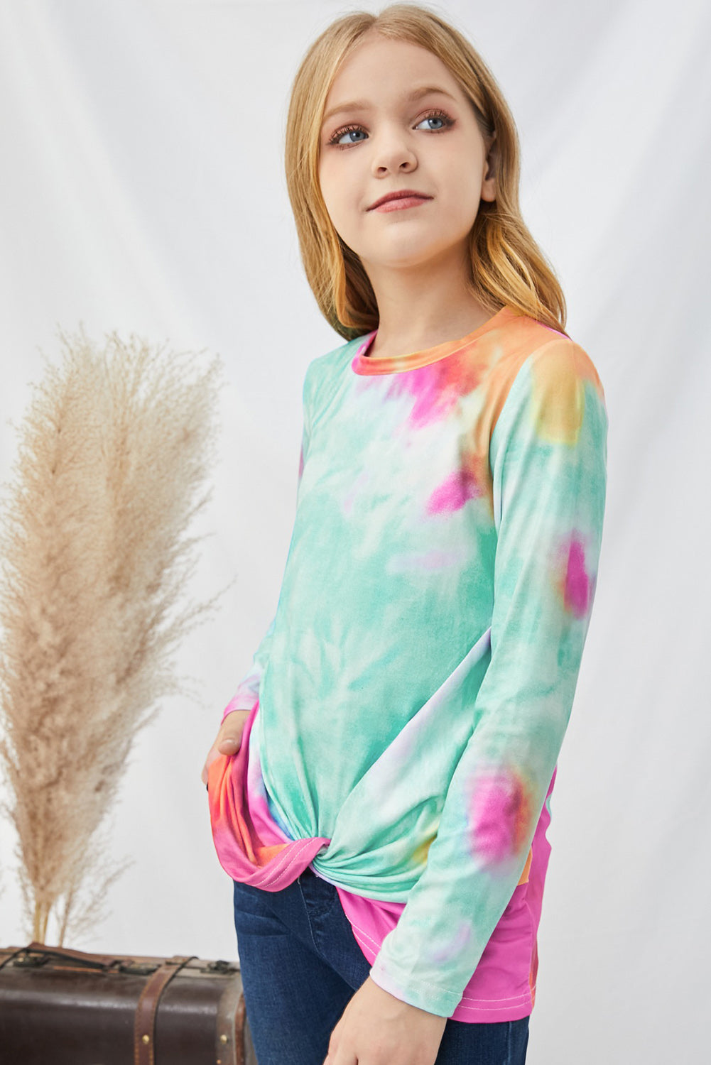 Girls Tie-Dye Twist Front Long Sleeve Top