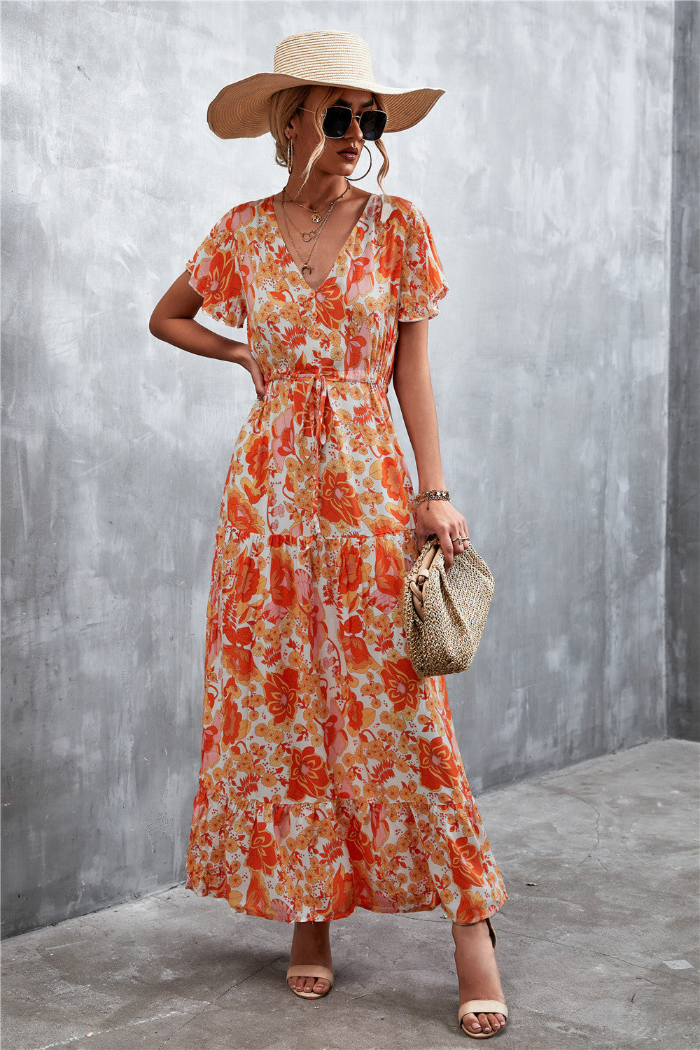 Floral Buttoned Drawstring Waist Tiered Dress