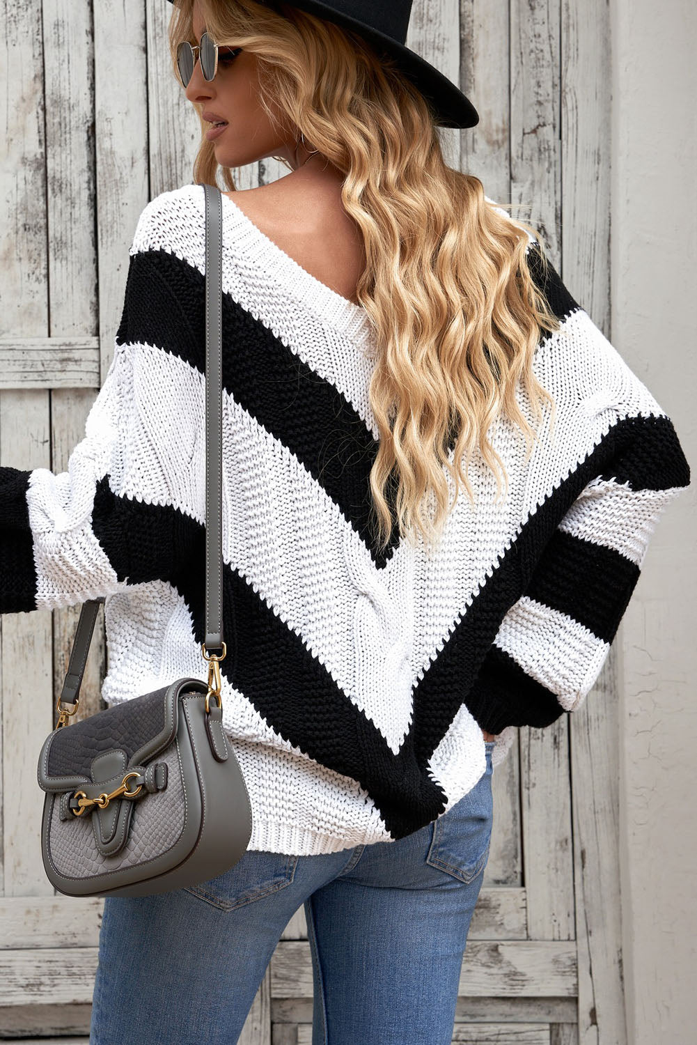 Chevron Cable-Knit V-Neck Tunic Sweater