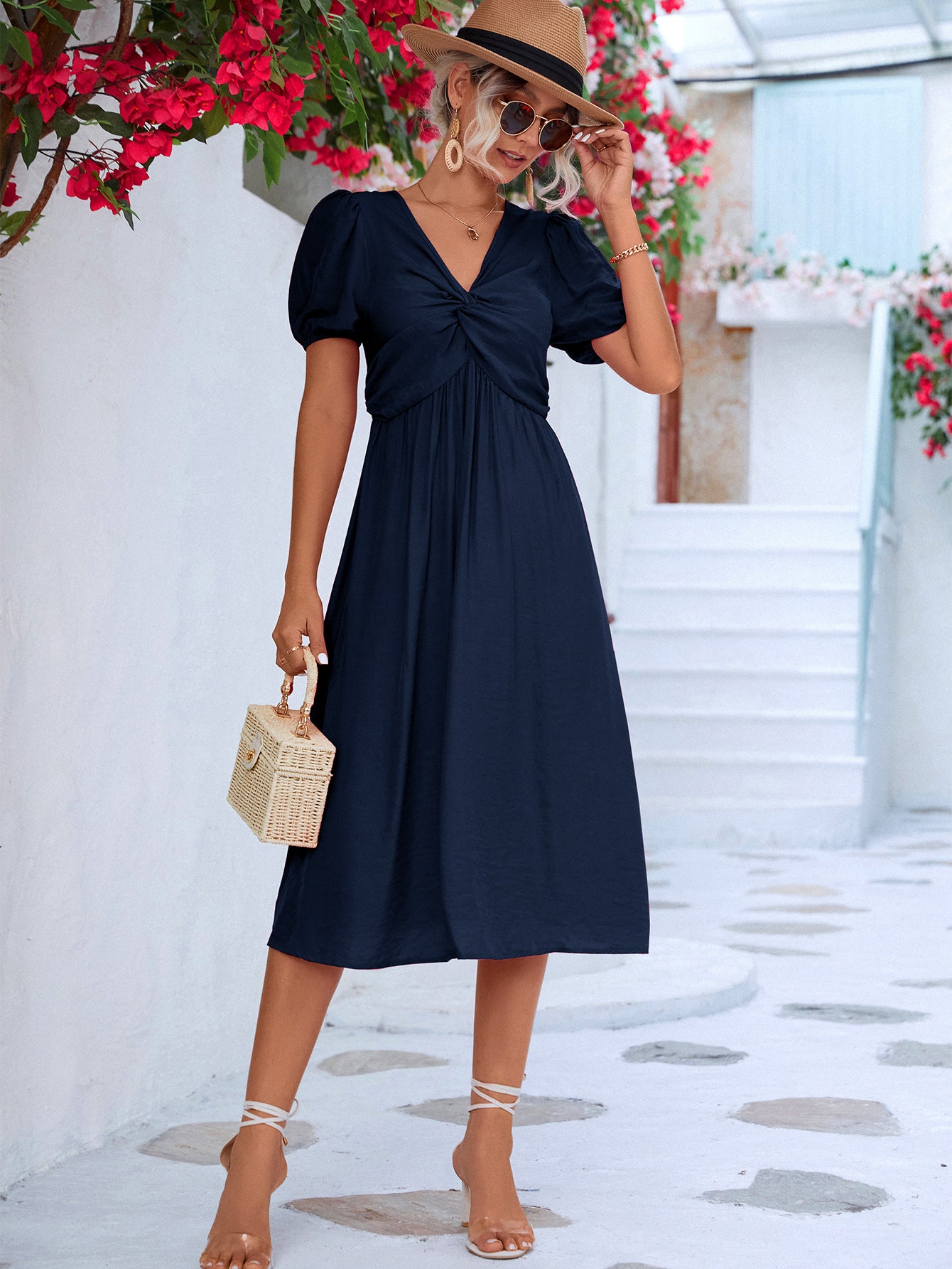 Twisted Short Puff Sleeve V-Neck Dress