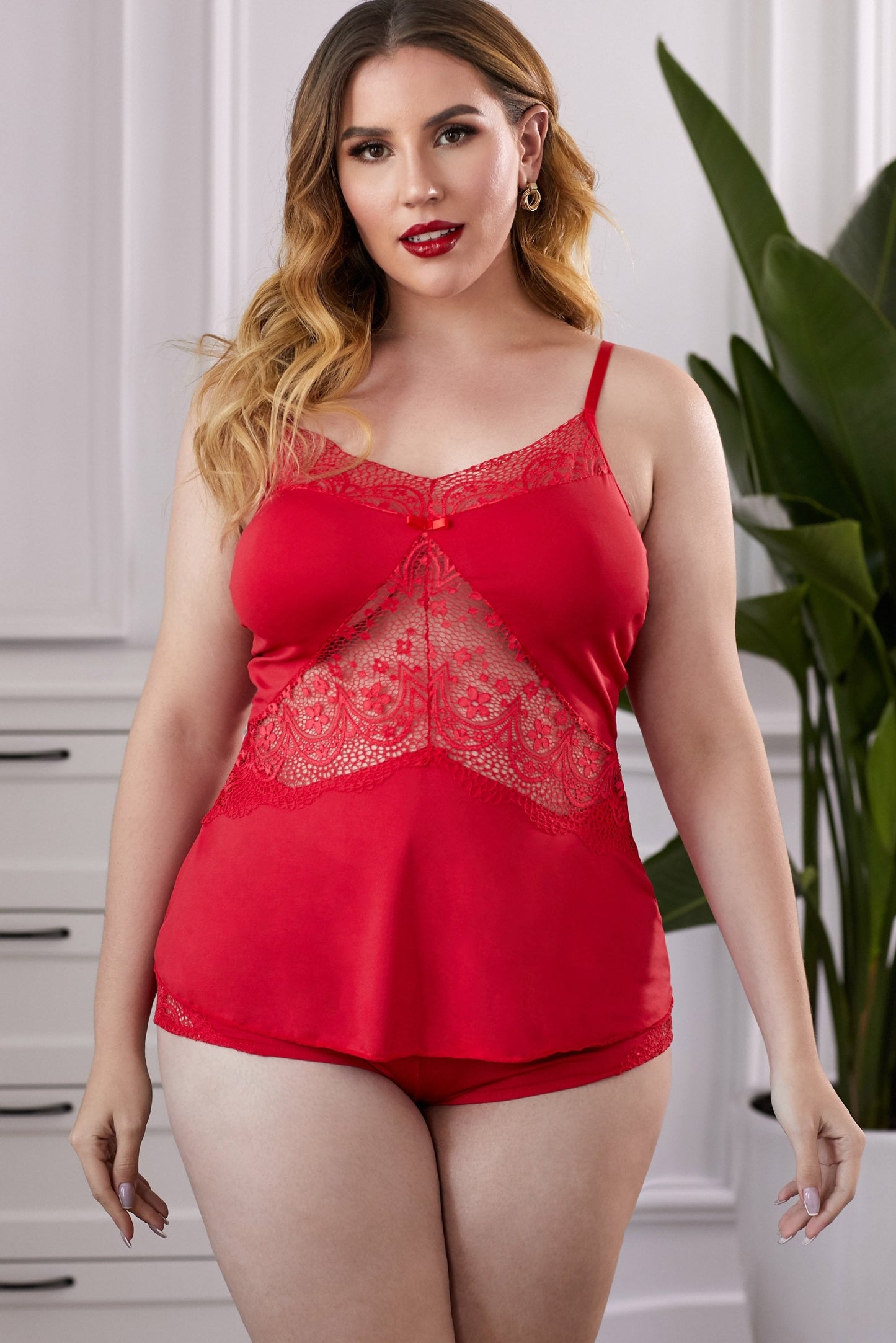 Red Lace Insert Spaghetti Straps Plus Size Pajamas Set