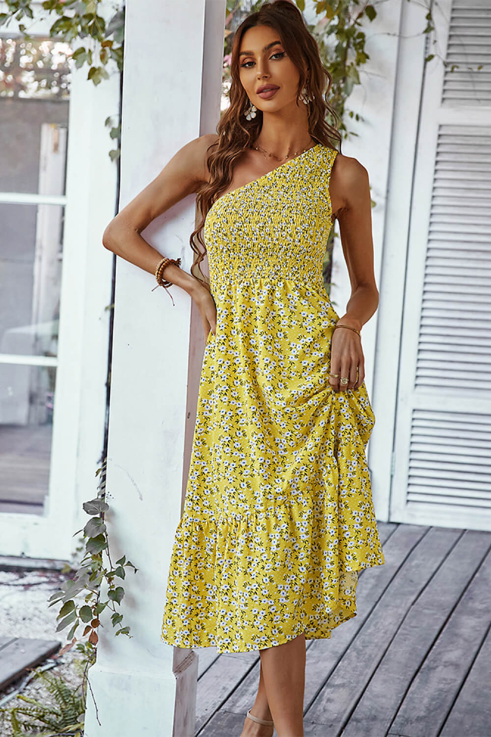 Ditsy Floral Smocked One-Shoulder Dress