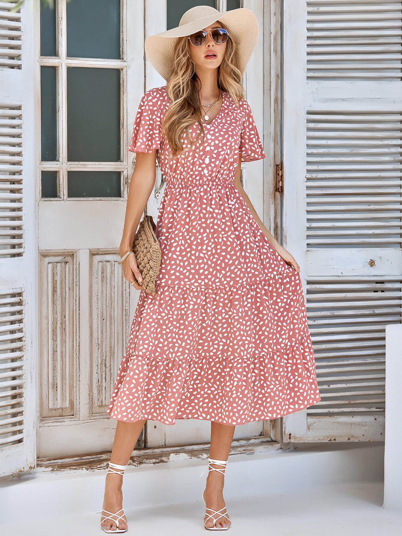 Printed Flutter Sleeve Tiered Dress