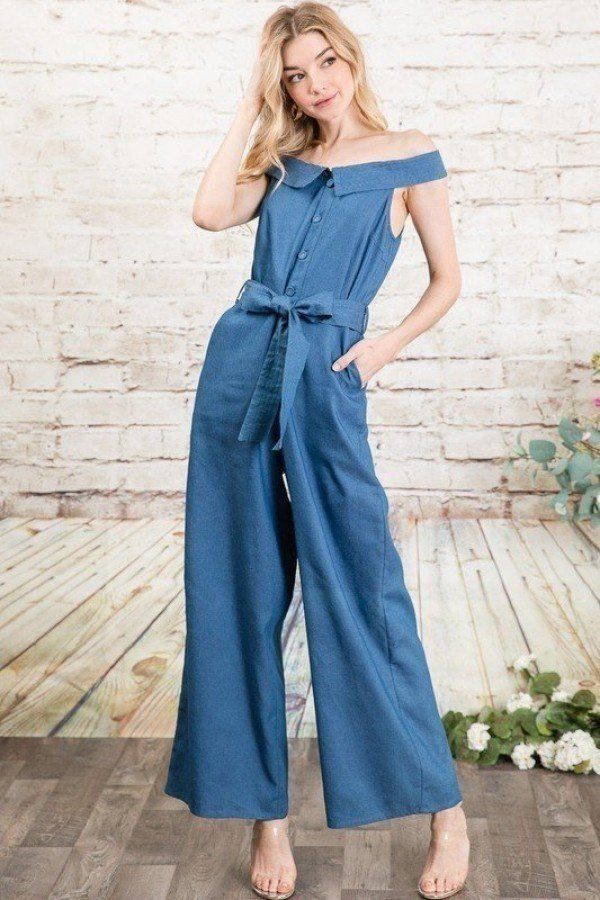 Fold-over Collar Detailed Button Down Off-shoulder Chambray Denim Wide Leg Palazzo Jumpsuit With Waist Tie