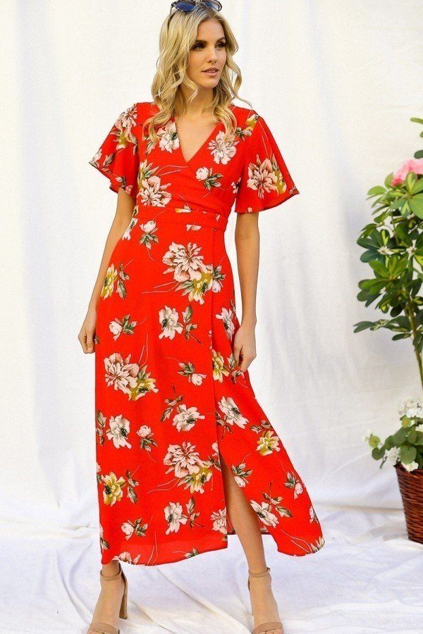 Spring Floral Print Short Bell Flyaway Sleeve Faux Wrap Maxi Dress