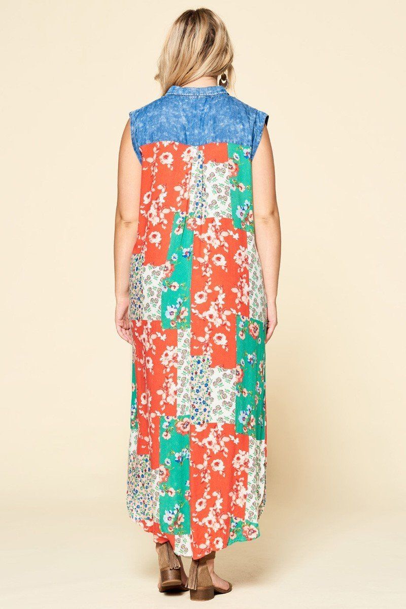 Mixed-floral Patchwork Printed Button-down Maxi Dress