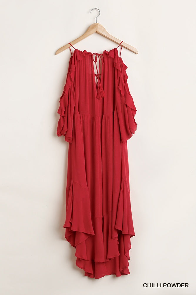 Ruffled Cold Shoulder Maxi Dress With Front Tassel Tie