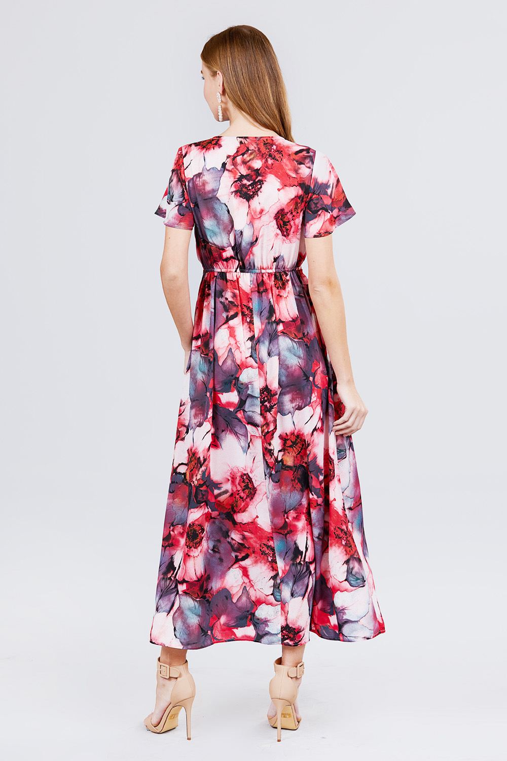 Short Sleeve V-neck Button Down Belted Print Woven Maxi Dress
