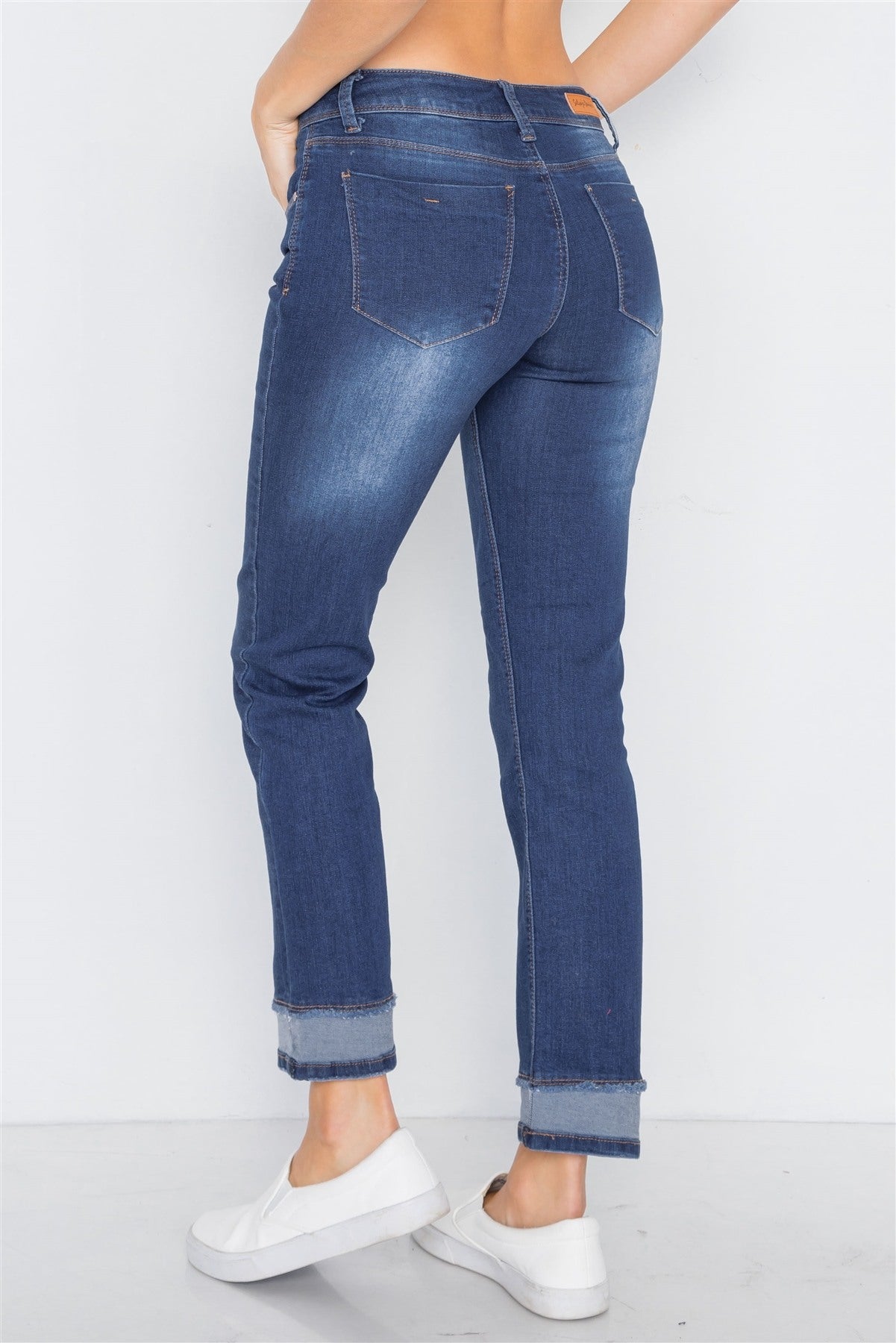 Dark Blue Mid-rise Contrast Hem Jeans Pants