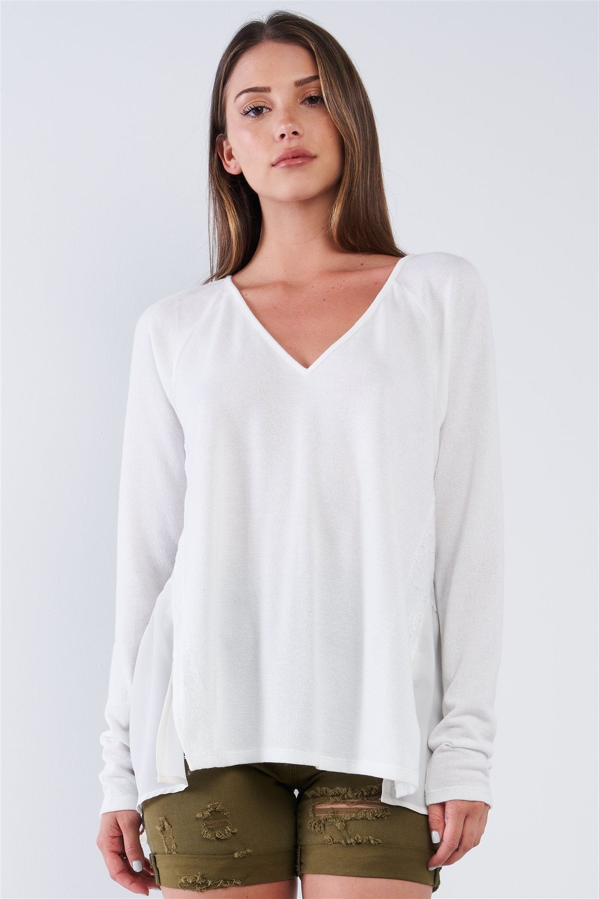 Off-white Loose Fit Long Sleeve V-neck Mesh Detail Tunic Pullover Top