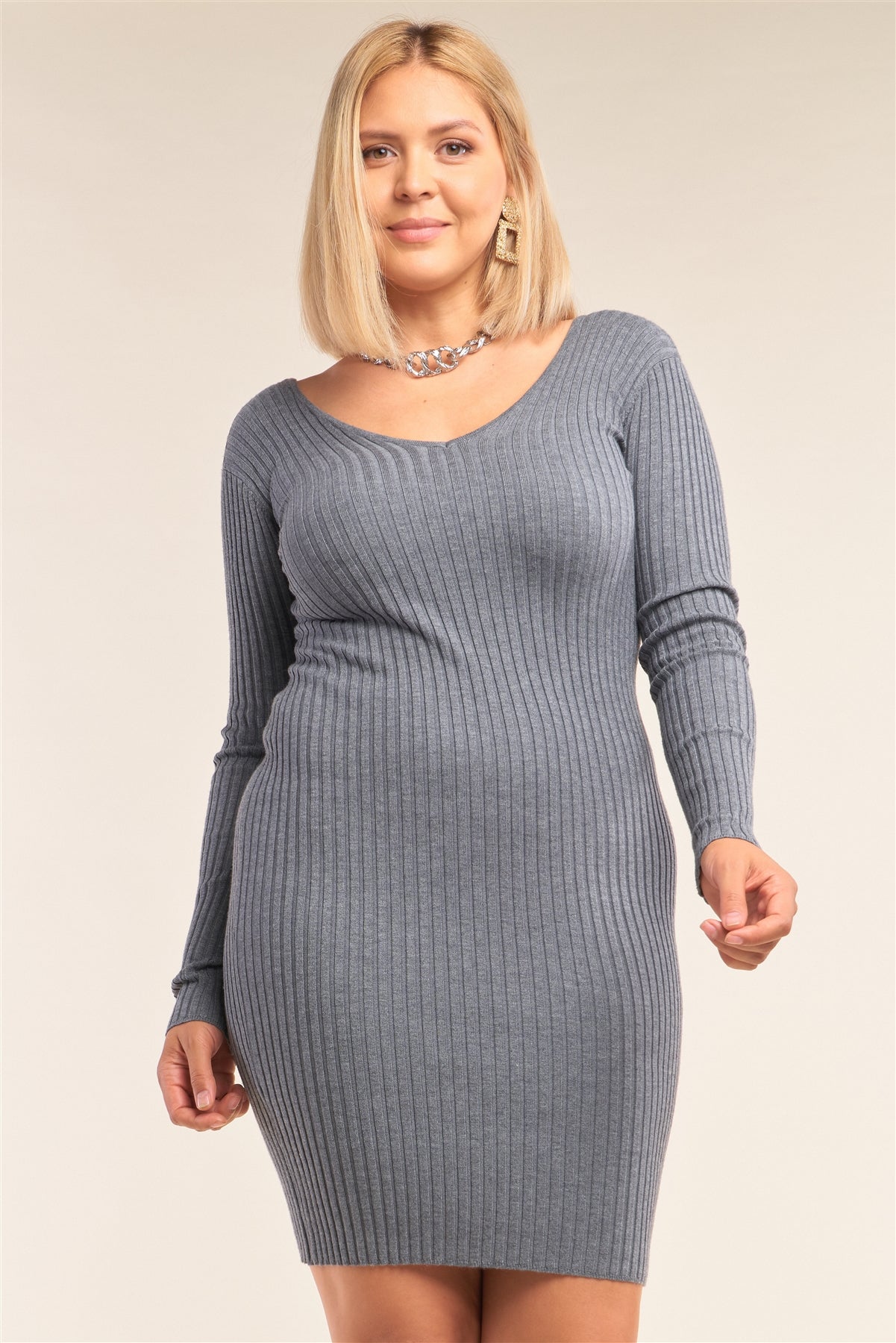 Plus Size V-neck Long Sleeve Ribbed Sweater Bodycon Mini Dress