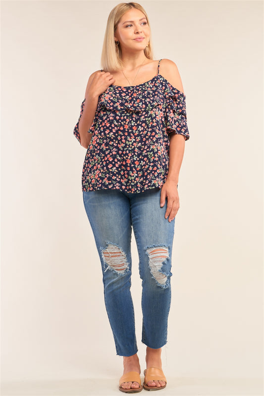 Plus Size Floral Print Relaxed Fit Mini Sleeve Off-the-shoulder Flared Hem Top