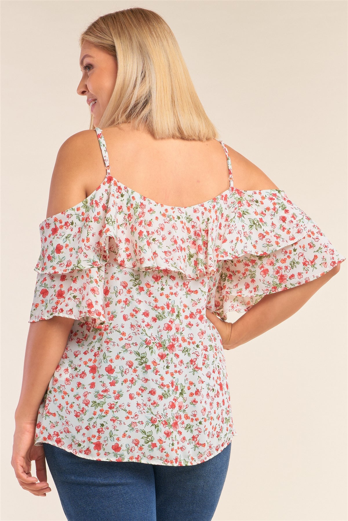 Plus Size Floral Print Relaxed Fit Mini Sleeve Off-the-shoulder Flared Hem Top