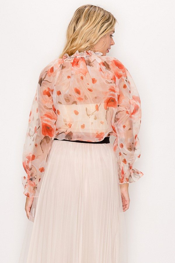 Floral Print Ruffled Organza Top